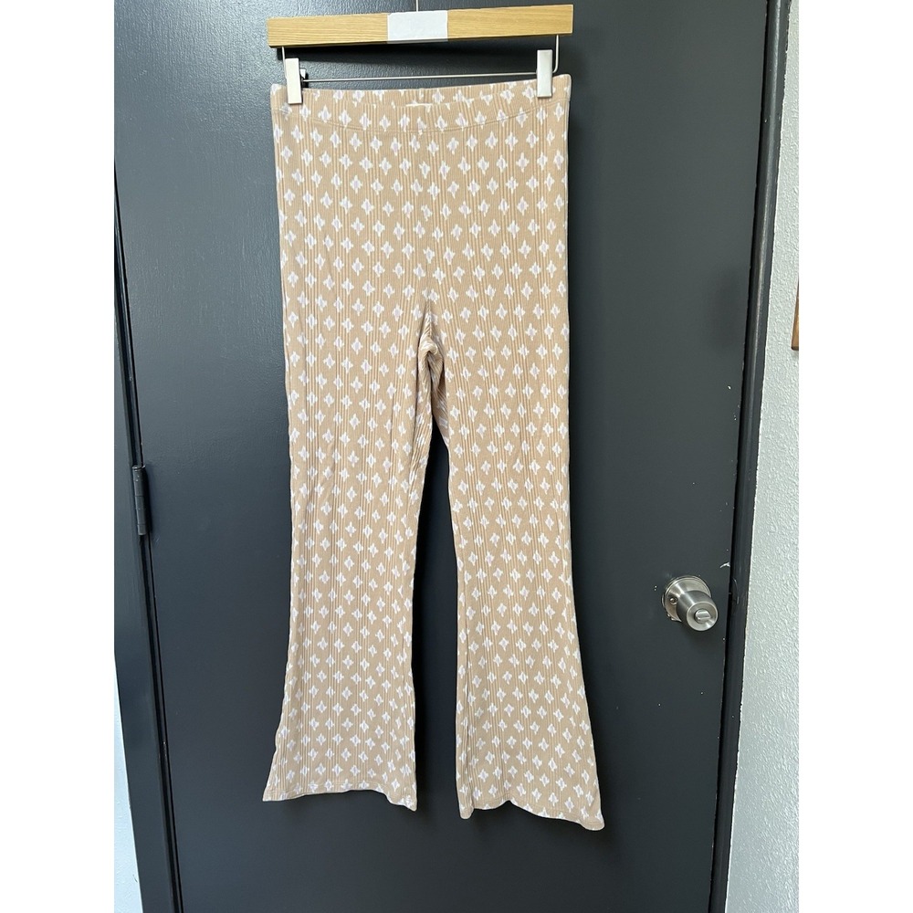 Aerie Sz M Allover Printed Ribbed Flare Leggings Tan Pink Womens